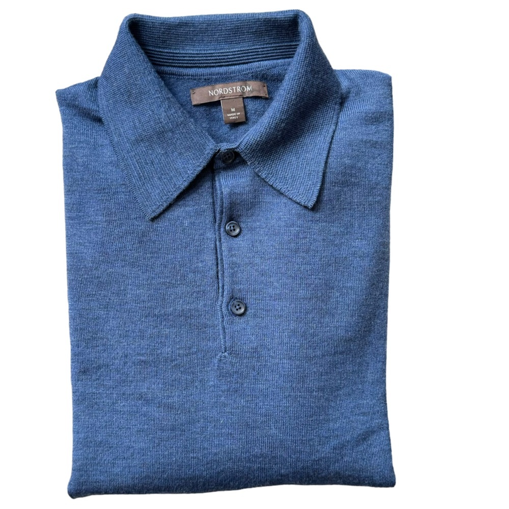 Nordstrom Mens Knitted 1/4 Button Up Collar Marin Wool Blue Sweater‎ Size M